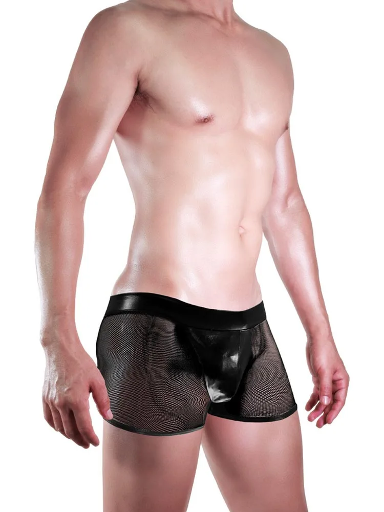 Men Sissy Faux Leather Wet Look Pouch Sheer Mesh Boxer Brief Hot Under Pants Underwear Fetish Bottom Lingerie Outfit
