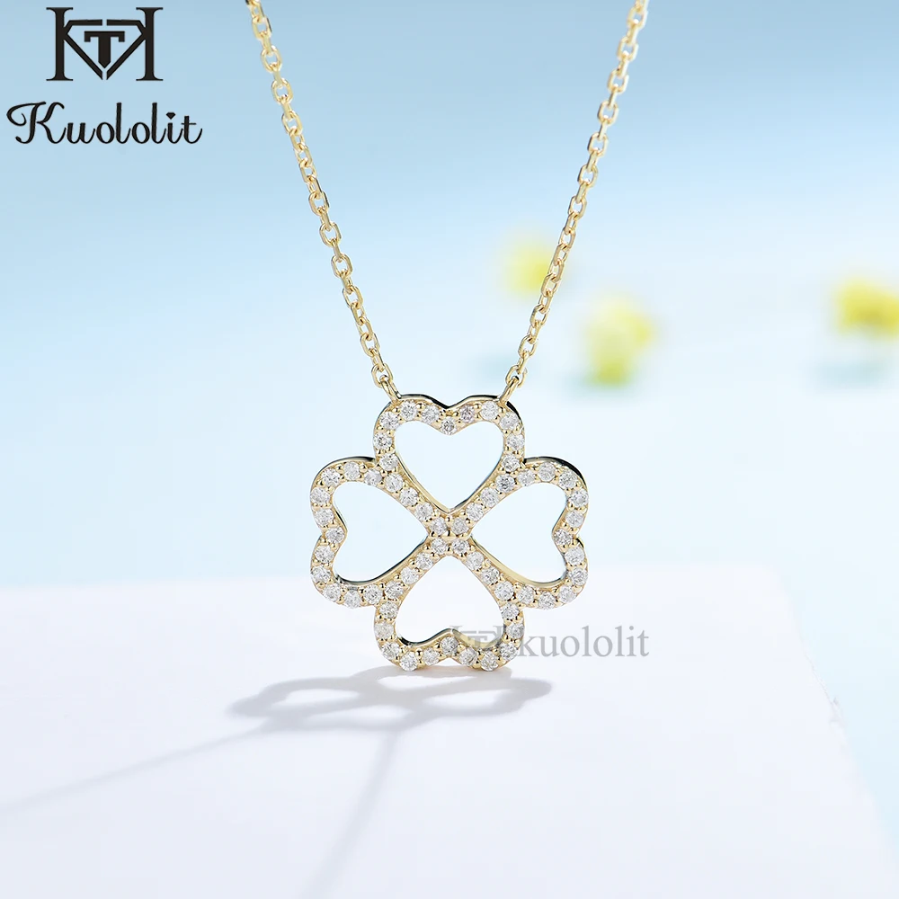 Kuololit Solid 18K 14K 10K Yellow Gold Moissanite Necklaces for Women Flower Heart Pendant for Wedding Party Gifts with Chains