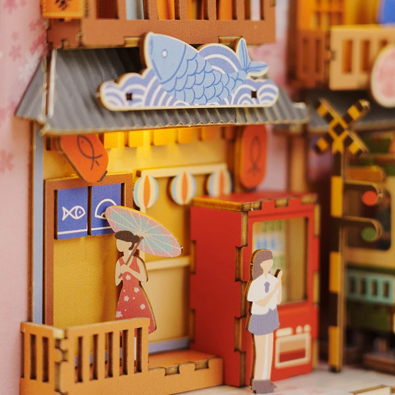 DIY 나무 책 구석 선반 삽입 키트, 미니어처 모델 키트, 벚꽃 책장, 3D 퍼즐 북엔드, 성인 생일 선물