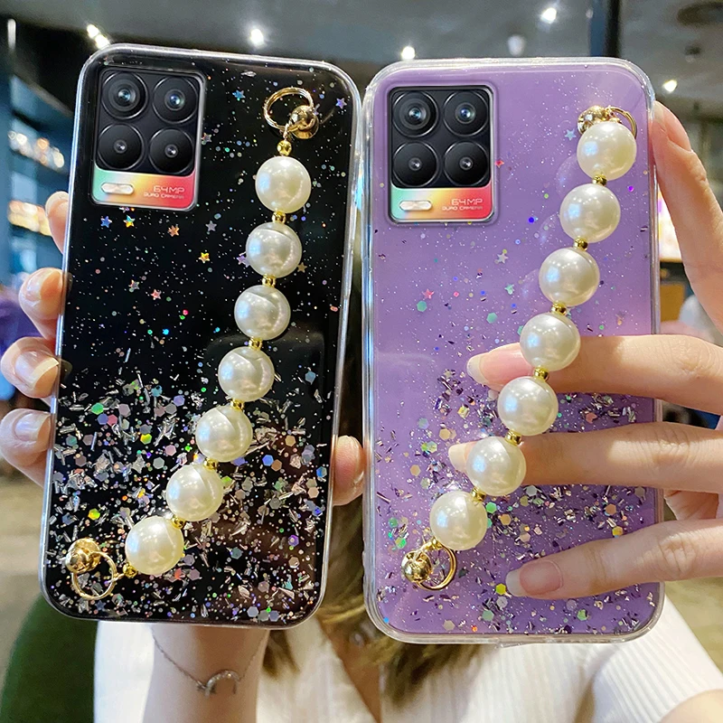

Luxury Starry Pearl Bracelet Phone Case For OPPO Realme C21 8 8i 6 7i 7Pro C11 C12 C15 C17 C20 C21Y C25 F11 F17 F19 Wrist Cover