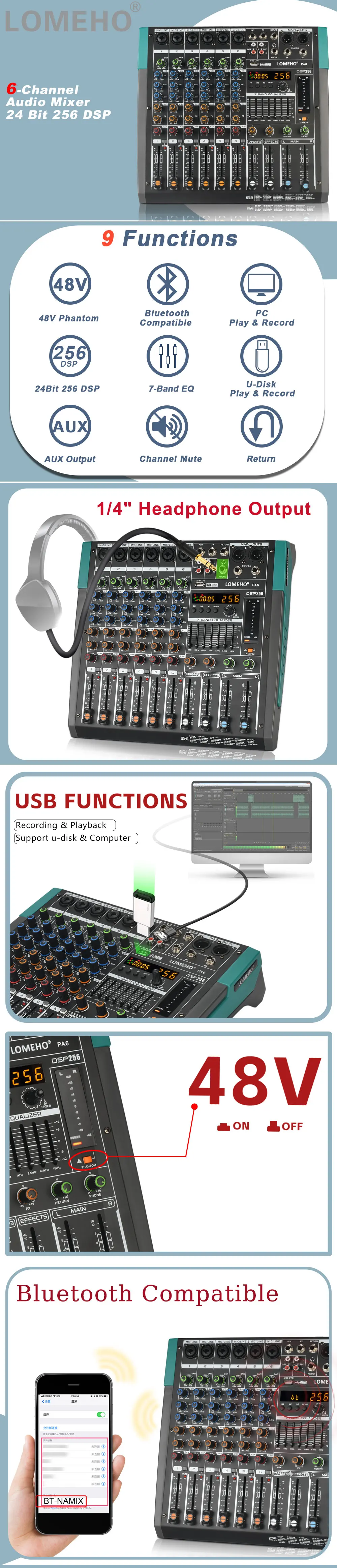 LOMEHO 6 Kanal Mischpult Bluetooth 256 Digitale Effekte Audio Mixer 48 V Sound Tisch USB PC Spielen Rekord DJ Controller PA6 – Detail 1