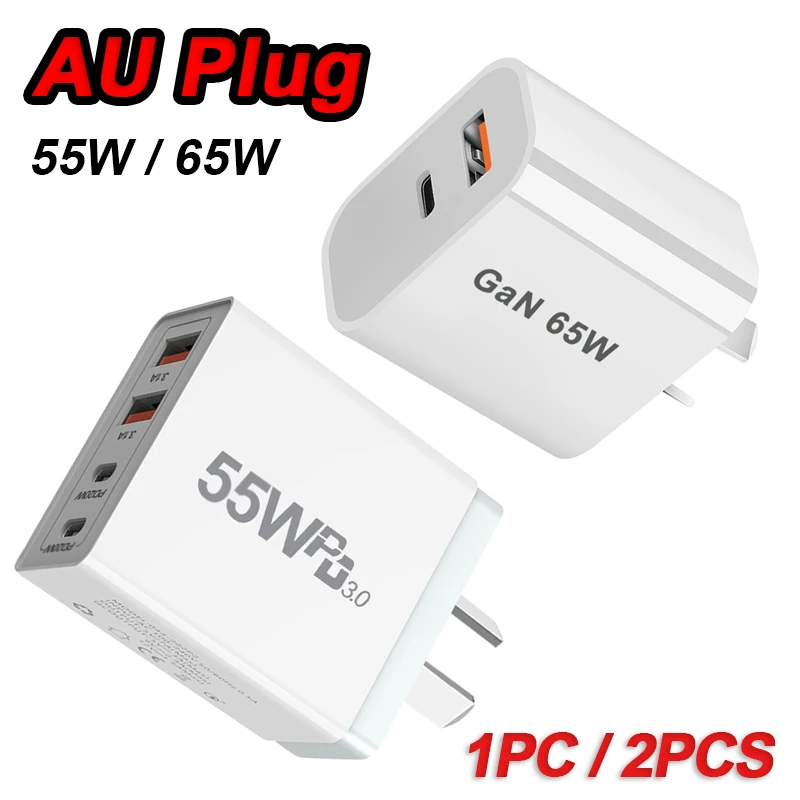 Cargador USB Rápido de 55 W 65 W con Enchufe AU, Cargador Tipo C para Xiaomi Redmi iPhone Samsung SmartPhone, Adaptador de Carga Rápida PD, Cargador de Pared