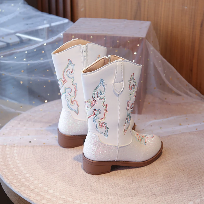 Girls Mid Calf Cowboy Boots with Floral Pattern