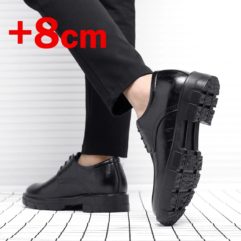 New Men Hollow Summer Platform High Heel 5/8/10 CM Height Growth Formal Men Derby Leather Shoes Man Wedding Dress Shoes Elevator