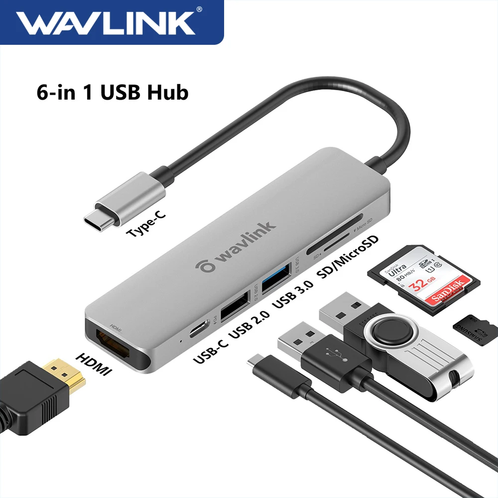 Wavlink USB C Hub Type-C Adapter 4K 30Hz HDMI-Compatible USB Mini Docking Station SD/TF Reader For PC Tablet Laptop Windows/Mac