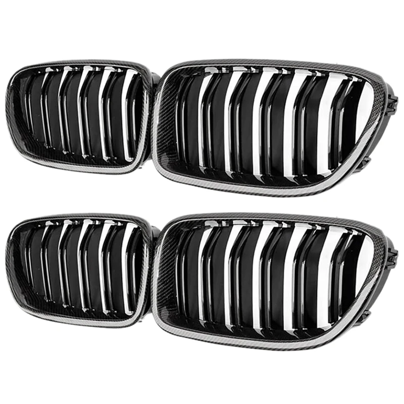 

4 Pcs Car Carbon Fiber Glossy Double Slats Front Kidney Grille Grill For-BMW 5 Series F10 F11 M5 2010-2016