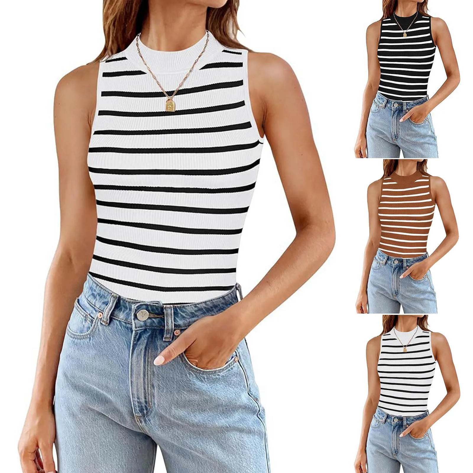 

Женский топ без рукавов в рубчик с высокой горловиной, облегающий полосатый топ