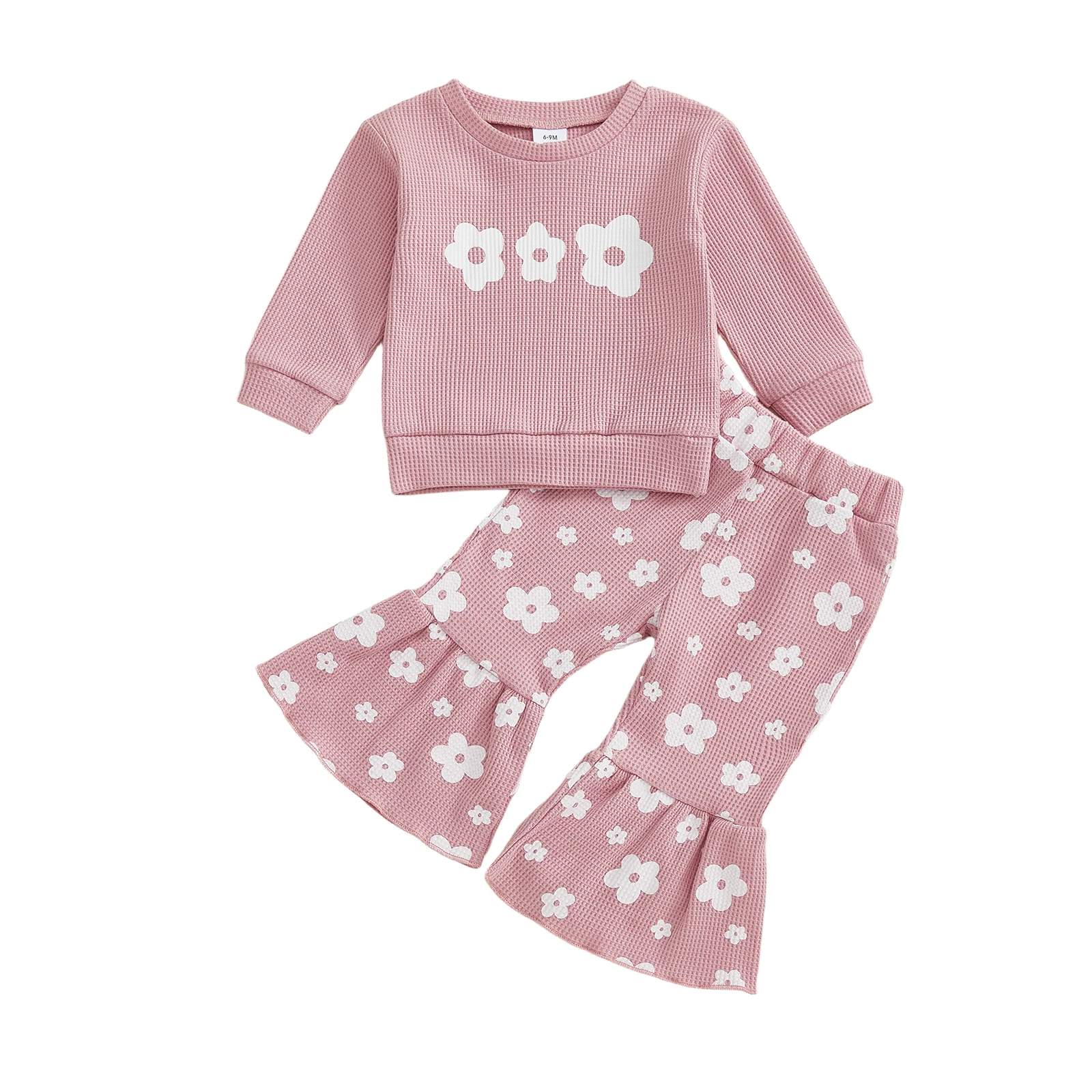 Toddler Girls 2-piece Set Floral Print Long Sleeve Pullover with Elastic Waist Flare Pants Autumn Clothing Ensemble