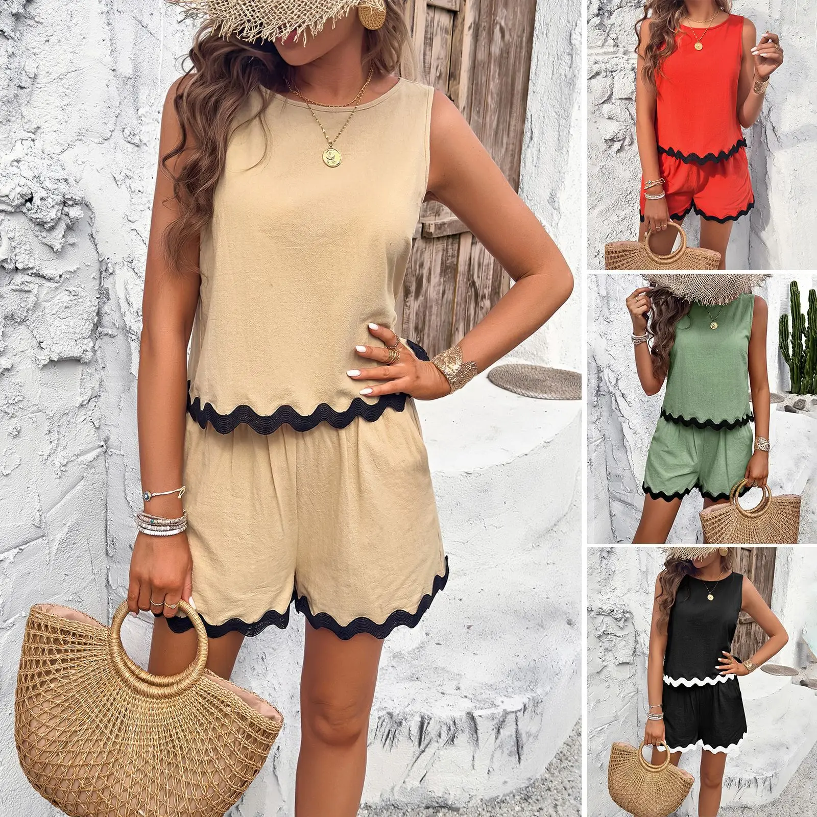 High Quality Women Clothing 2024 Summer Casual Fashion Lace Elastic Waist Shorts Sleeveless T-shirt Set High Waisted Shorts Y2k