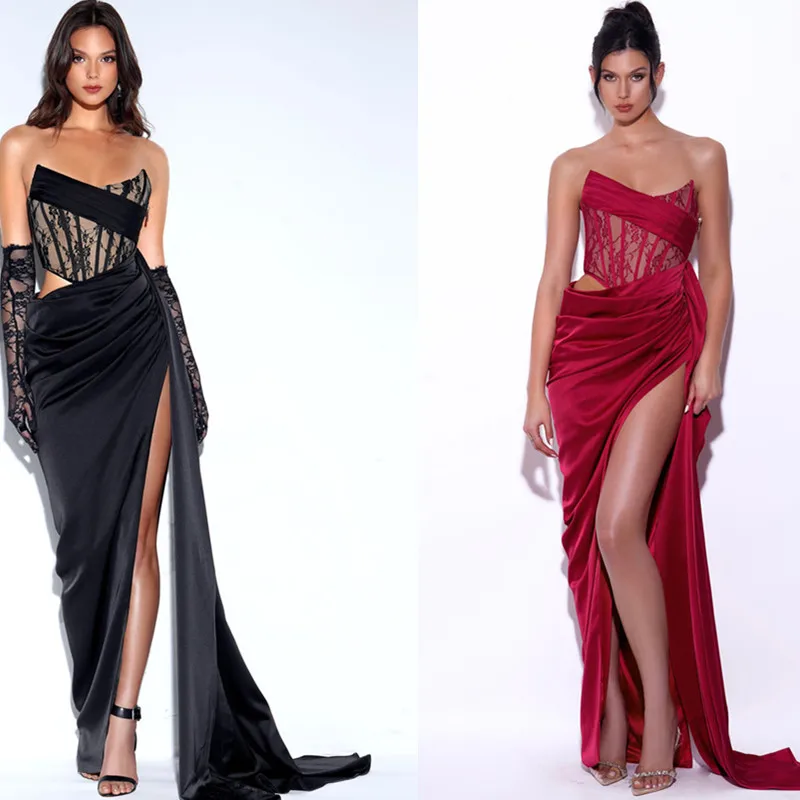 

3 Colorful New Strapless Slit Sexy Mid Length Casual Dress Socialite Party Performance Wedding Toast Evening Clothing