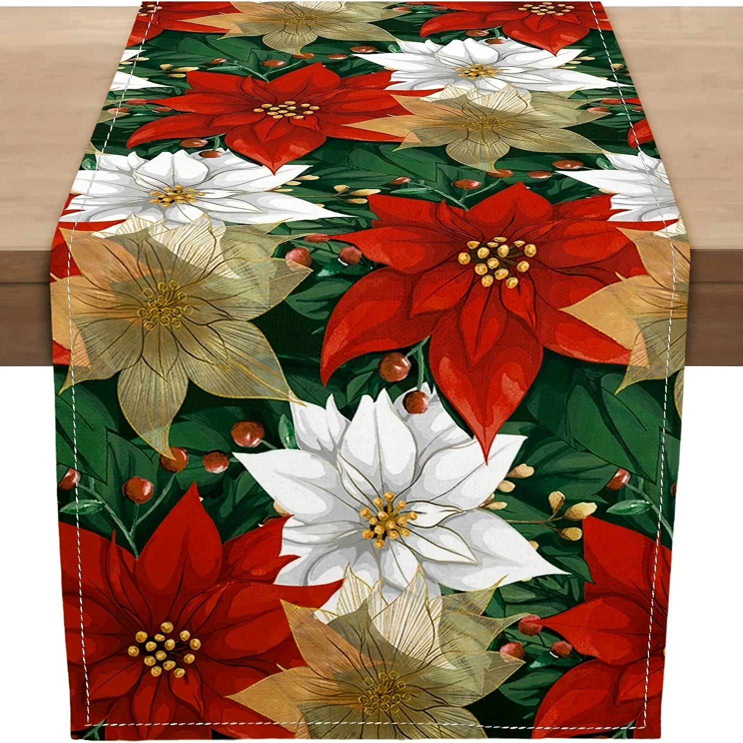 Red Golden Poinsettia Pattern Linen Table Runners Rustic Winter Christmas Festive Holiday Home Party Kitchen Dining Table Decor