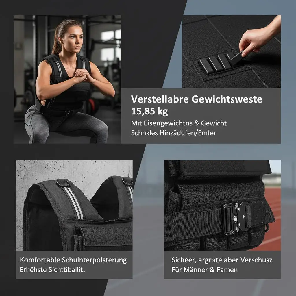 Verstellbare Gewichtsweste 15,85 kg mit 16 Eisenblöcken, Schulterpolster und reflektierender Streifen, für Krafttraining, Laufen und Joggen – Detail 5