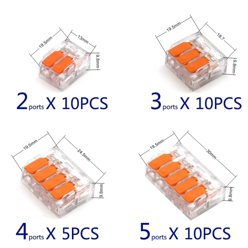 Pack of 10 Transparent Quick-Connect Wire Terminals with Multi-Port Options
