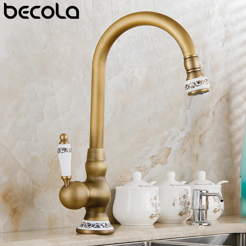 Torneira de Bronze Antiga para Cozinha Torneira Misturadora com Guindaste Cerâmico Misturadores de Água Fria e Quente