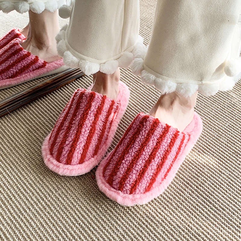 Korean Striped Cotton Slippers Women Comfortable Non Slip Warm Plush Slides Woman 2025 Slip On Soft Sole Home Shoes Female