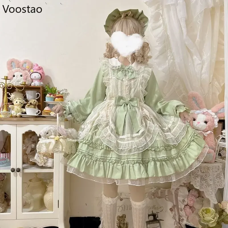 Sweet Lolita Princess OP Dress Women Vintage Elegant Lace Mesh Bow Dresses Harajuku Victorian Girly Kawaii Tea Party Dress
