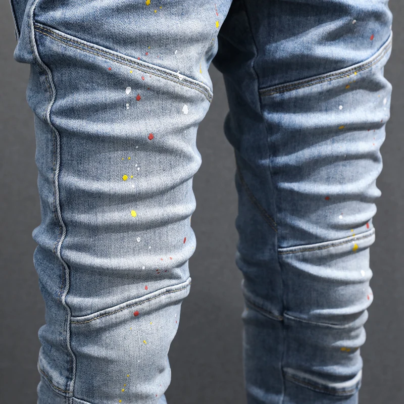 Street Fashion Men Jeans Retro Light Blue Elastic Stretch Skinny Fit Patched Biker Jeans Painted Designer Hip Hop Pants Hombre