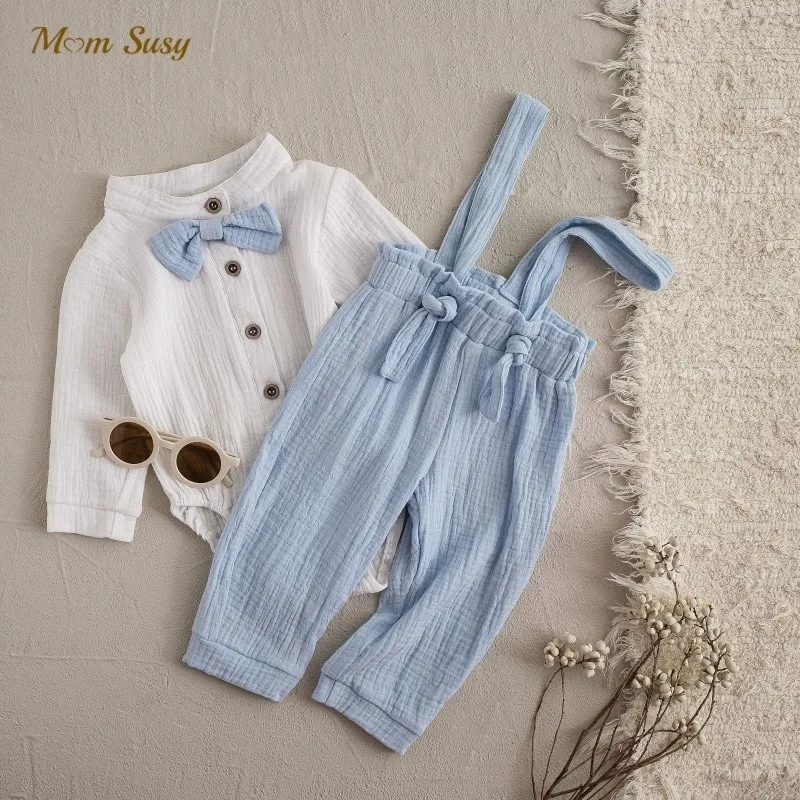 Newborn Baby Boy Cotton Clothes Set Bow Shirt Romper+Strap Pant