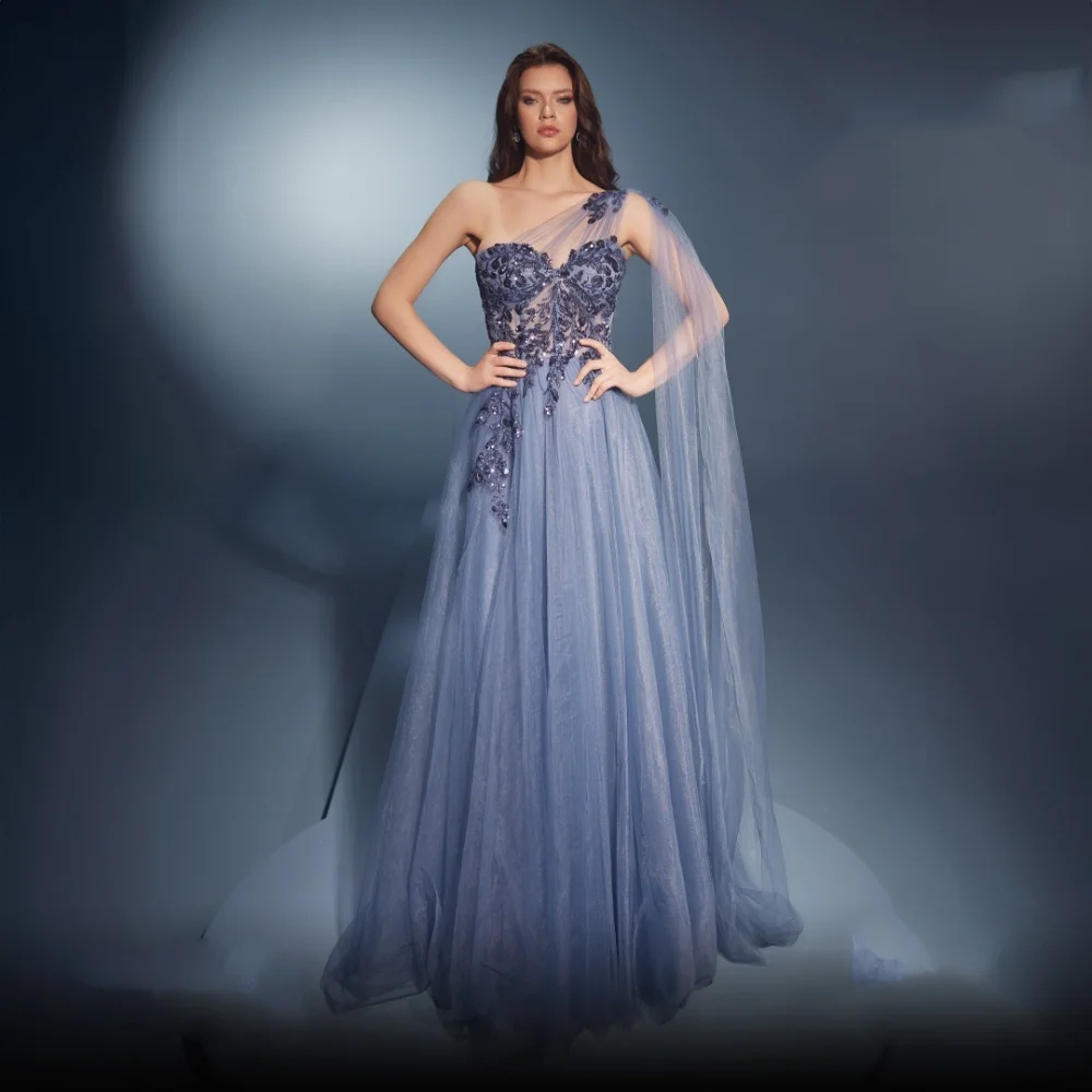 Tulle Pleat Sequined Homecoming Straight One-shoulder Bespoke Occasion Gown Long Dresses
