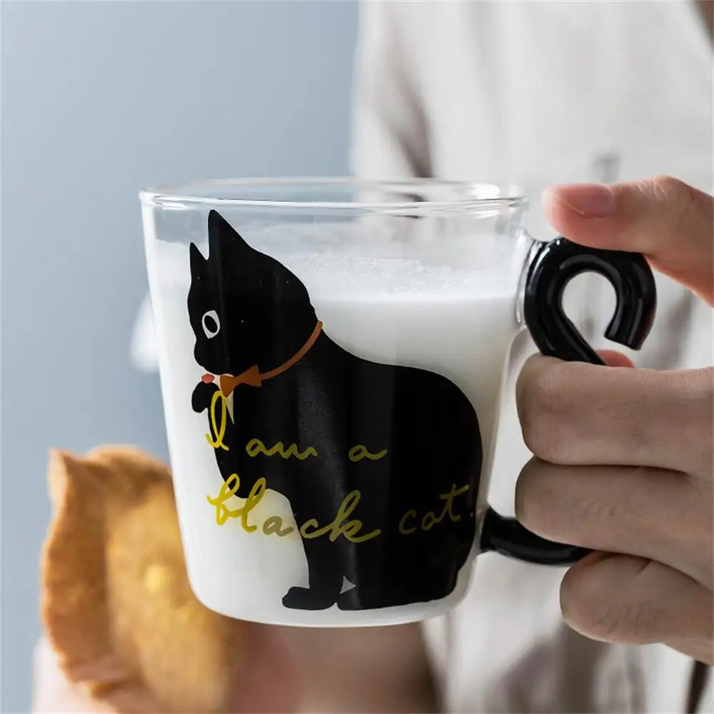 Glass Coffee Cup 300ml Cute Black Cat Glass Mug Set