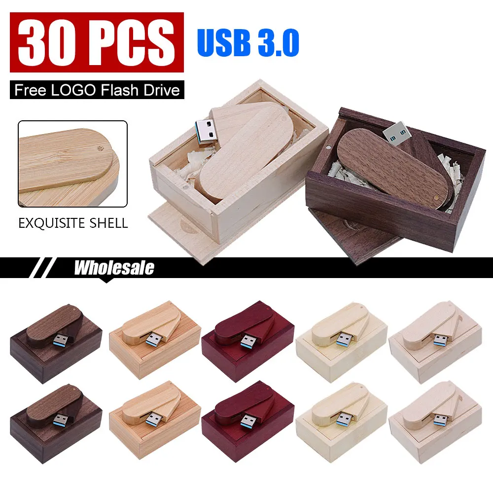 

30PCS USB 3.0 High speed LOGO wooden+Box Personal LOGO customer pendrive 8GB 16GB 32GB 64GB usb Flash Drive pen drive U disk
