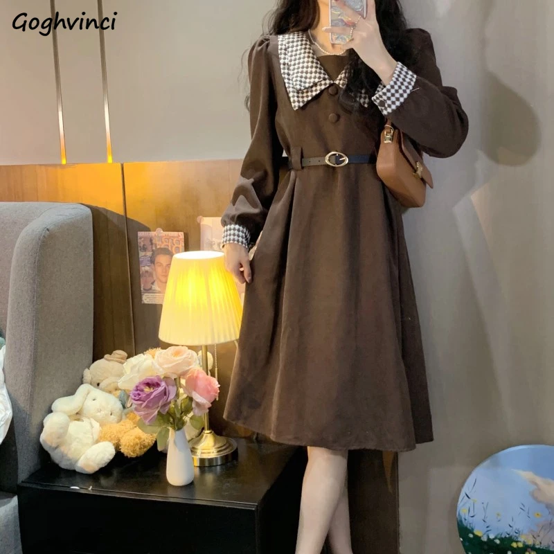 

Long Sleeve Dresses Women Plaid Corduroy Elegant Korean Style Streetwear Peter Pan Collar Fashion Loose Vintage Retro Chic New