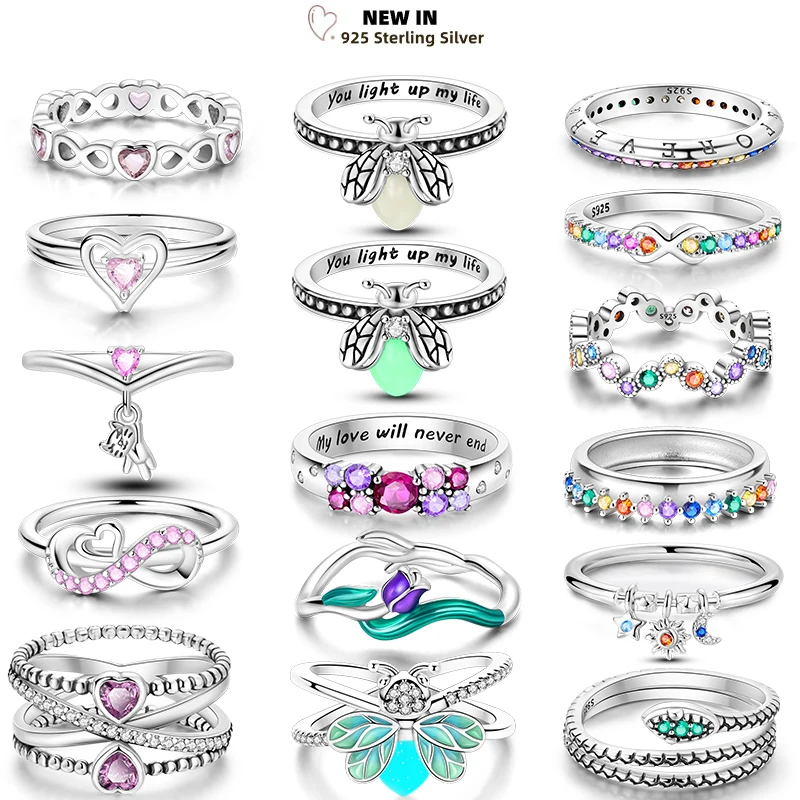 925 Sterling Silver Ring Luminous Firefly Sparkling Rainbow Color Heart Wishbone Flower for Women Wedding Jewelry