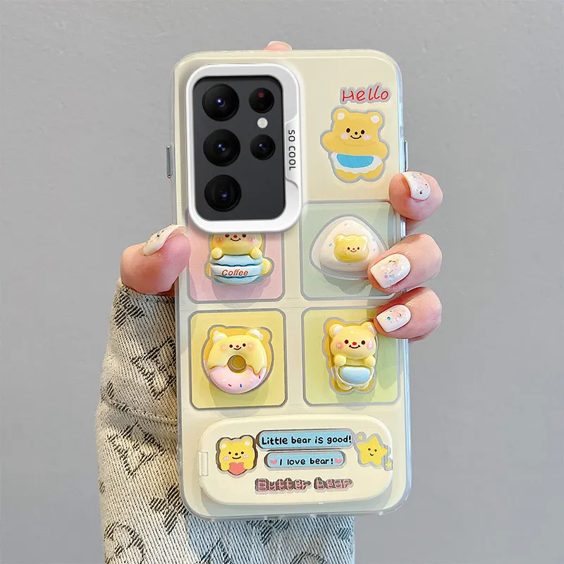 3D Cartoon Bear Phone Case with Hand Strap and Mirror Stand Cover