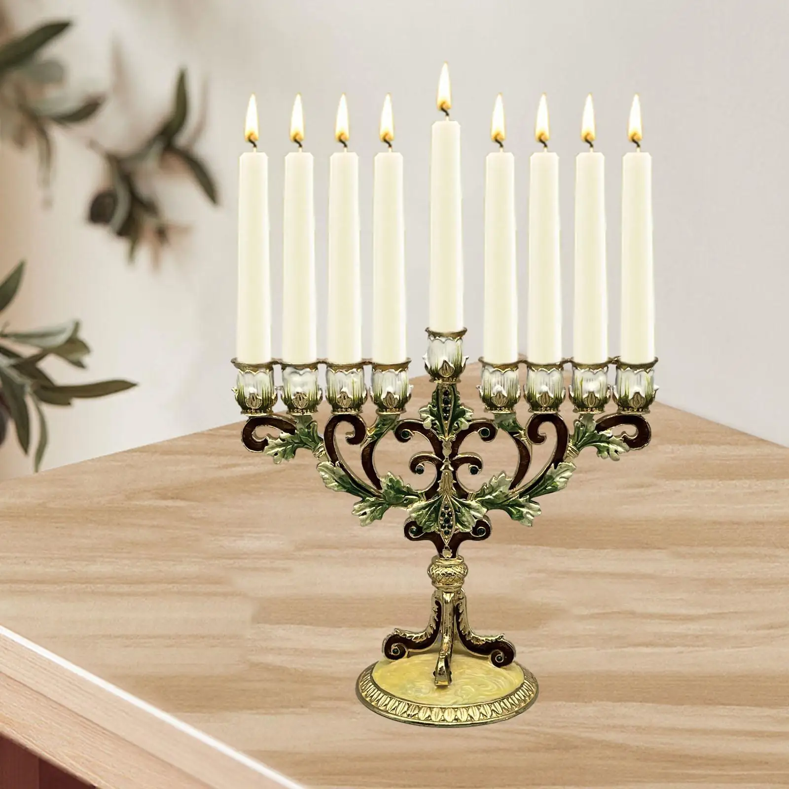 Hanukkah Menorah Hand Painted Candlestick Sturdy Base Tabletop 9 Branches Candle