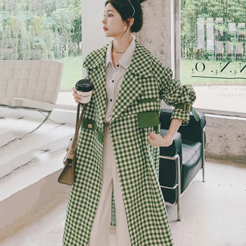 

Plaid Trench Coat For Women's Autumn 2023 New Korean Long Cardigan Windbreaker Work Jacket Goddess Fan Long-Sleeved Clothes Tops