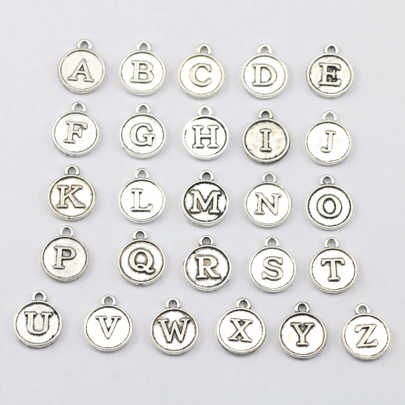 

26 Pieces/Lot 15mm*12mm Antique Silver Plated A-Z Alphabet Charms Small Round English Letter Charm Pendant DIY Jewelry