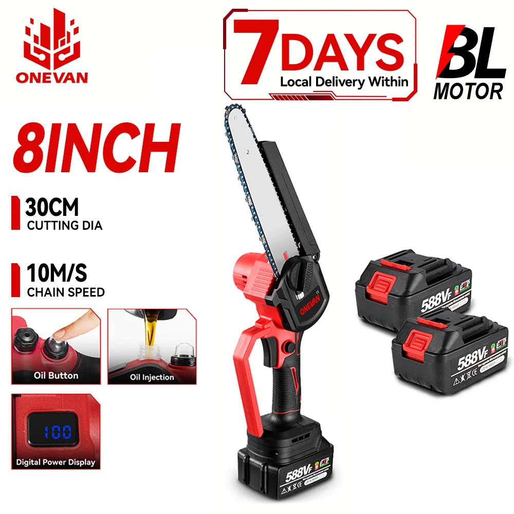 Scie à chaîne sans fil ONEVAN 8 pouces, scie à main électrique sans balais, outil de coupe pour le travail du bois, compatible avec la batterie Makita 18V.