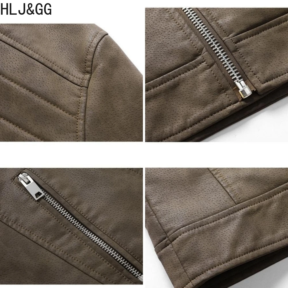 HLJ&GG Autumn Winter Men's Motorcycle Leather Jackets High Quality Warm Oblique Zipper PU Biker Moto Jackets Coats New Arrivals