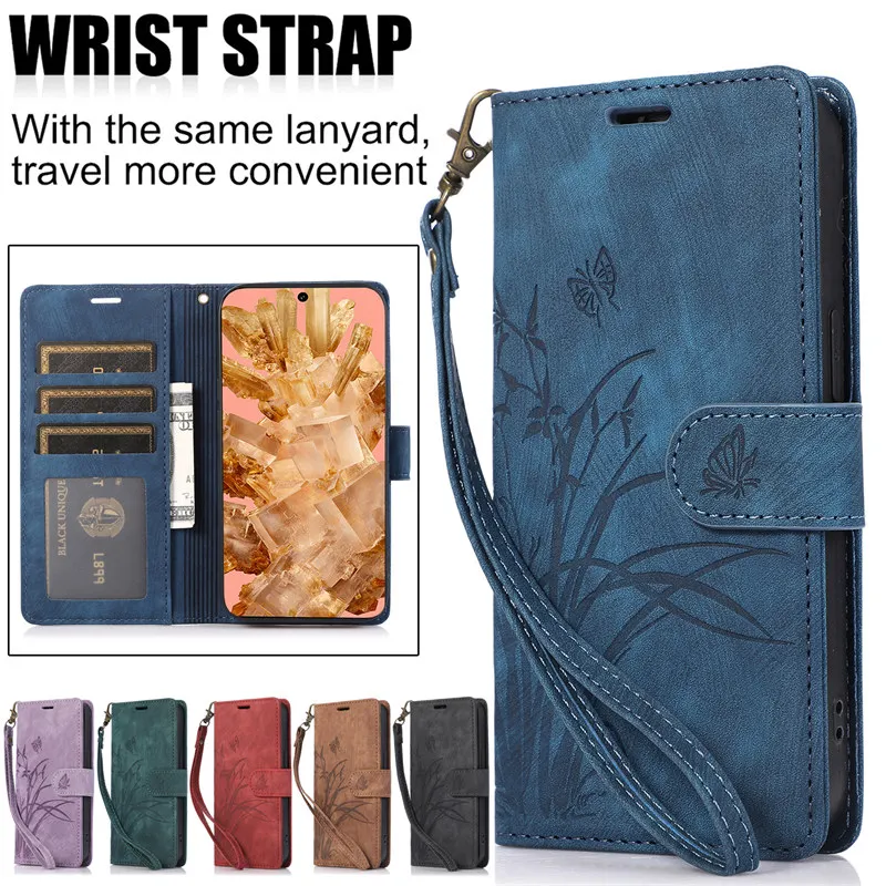 Embossed Leather Wallet Phone Case with Card Slots and Flip Cover