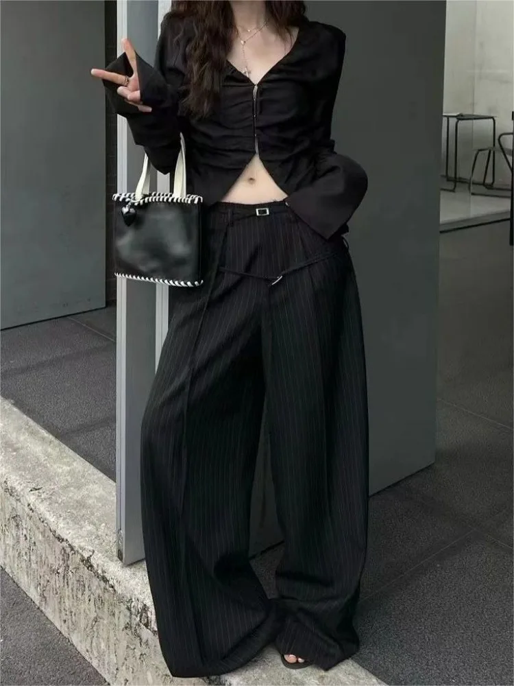 HOUZHOU Vintage Striped Oversize Suit Pants Youthful Woman Korean Style Trousers Elegant Harajuku Baggy Classic Y2k Old Money