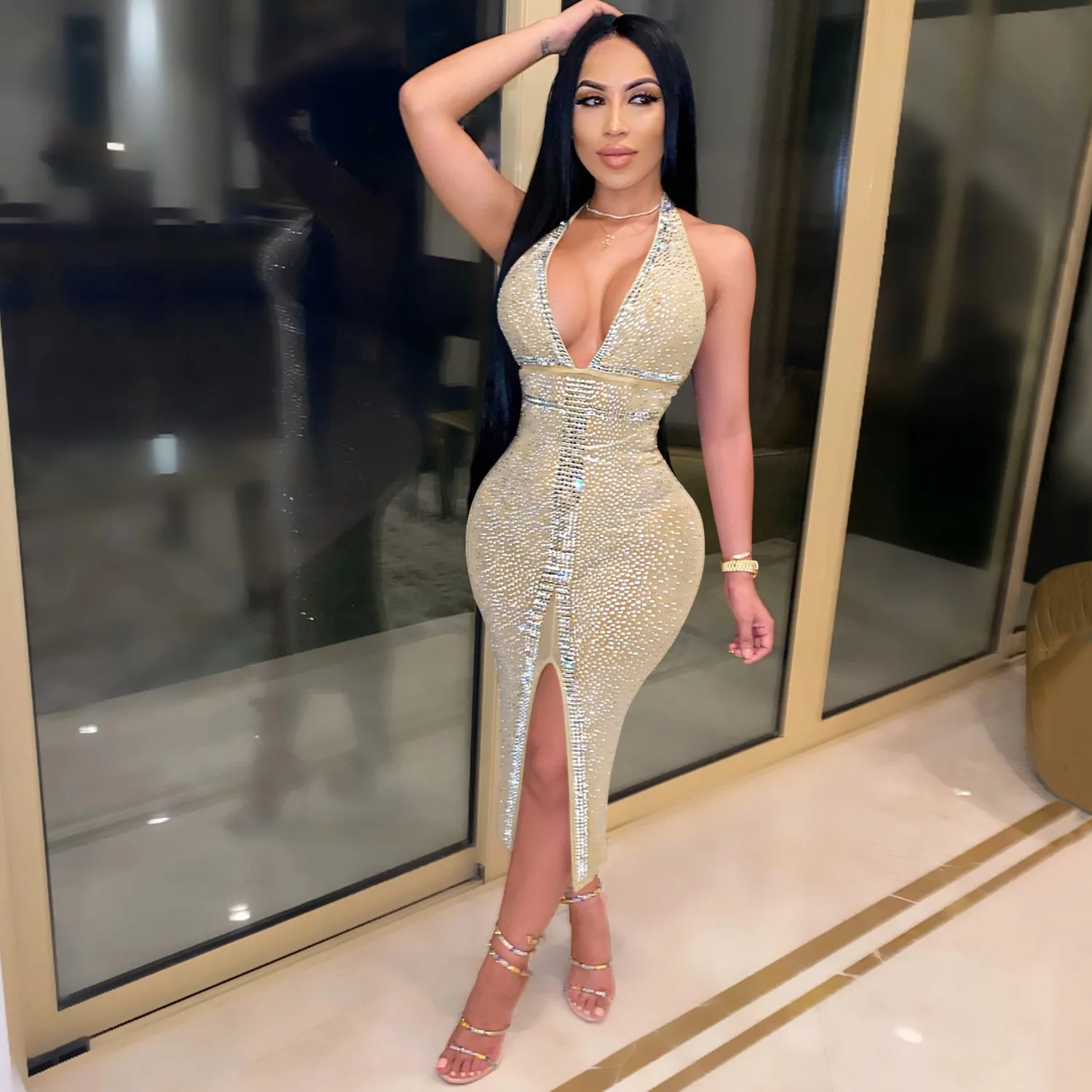 V Neck Shiny Crystal Dress Elegant See 