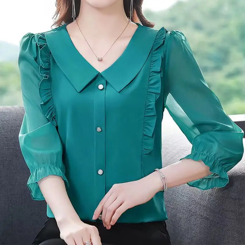 분위기 있는 플리츠 단추 셔츠, 반팔 프릴 엣지 쉬폰 블라우스, 오피스 우아한 여성 의류, 단색 상의, 여름 신상