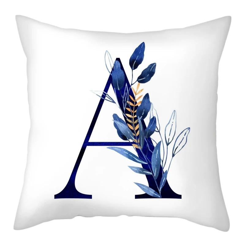 Simple Blue Leaf Alphabet Print Cushion Case 26 Letters Decoration Pillows Case Sofa Chair Livingroom Polyester Throw Pillowcase