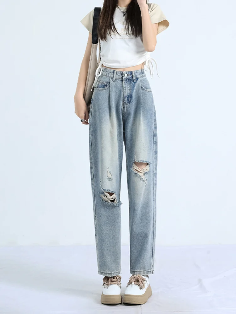 Hole Harlan Jeans Straight Jeans Loose Fitting, High Waisted Demin Trousers Skinny Wide Leg Pants