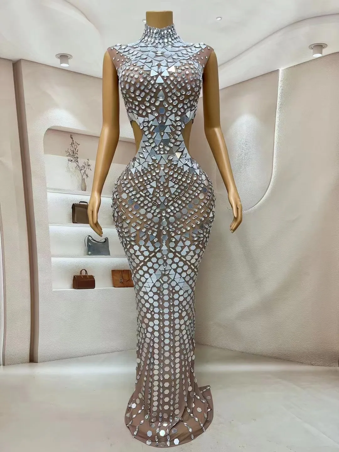 Sexy Stage Silver Mirrors Rhinestones Hollow Waist Dress Transparent Outfit Dance Stage Show Nightclub Costume Photoshoot Dress