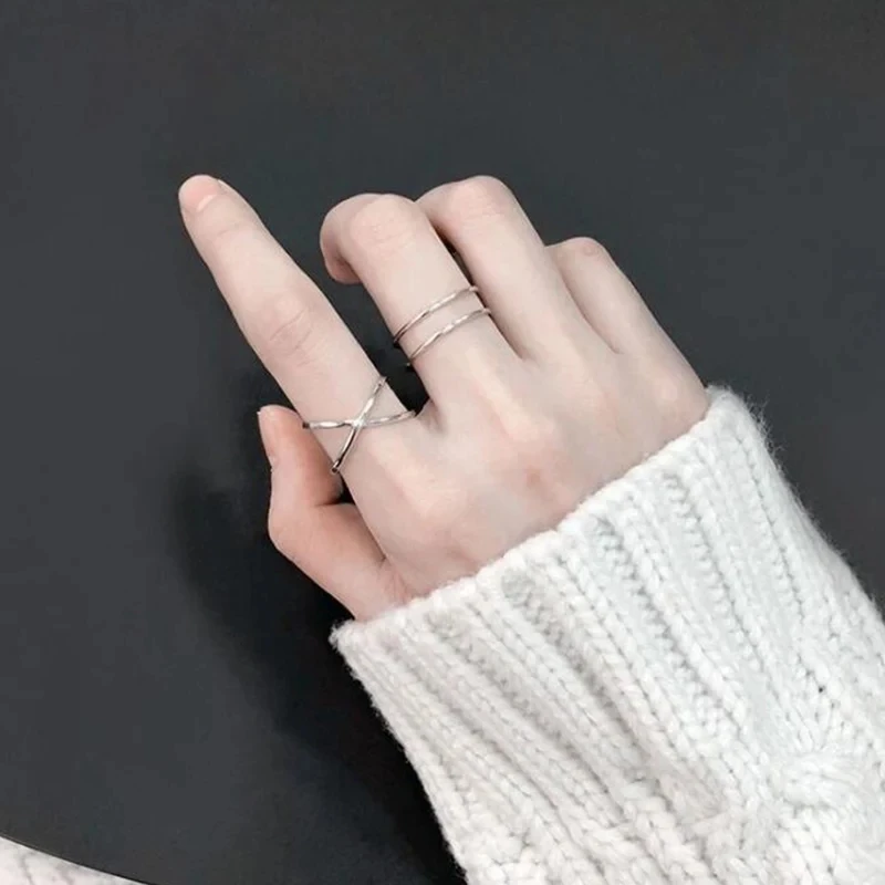 

925 Silver Color Rings Unique Minimalist Geometric Double Layer Line Adjustable Fashion Jewelry for Girl Women Gift Accessories