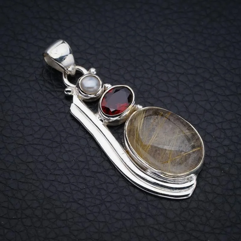 

StarGems Golden Rutile Garnet And River PearlHandmade 925 Sterling Silver Pendant 1.75" F3946