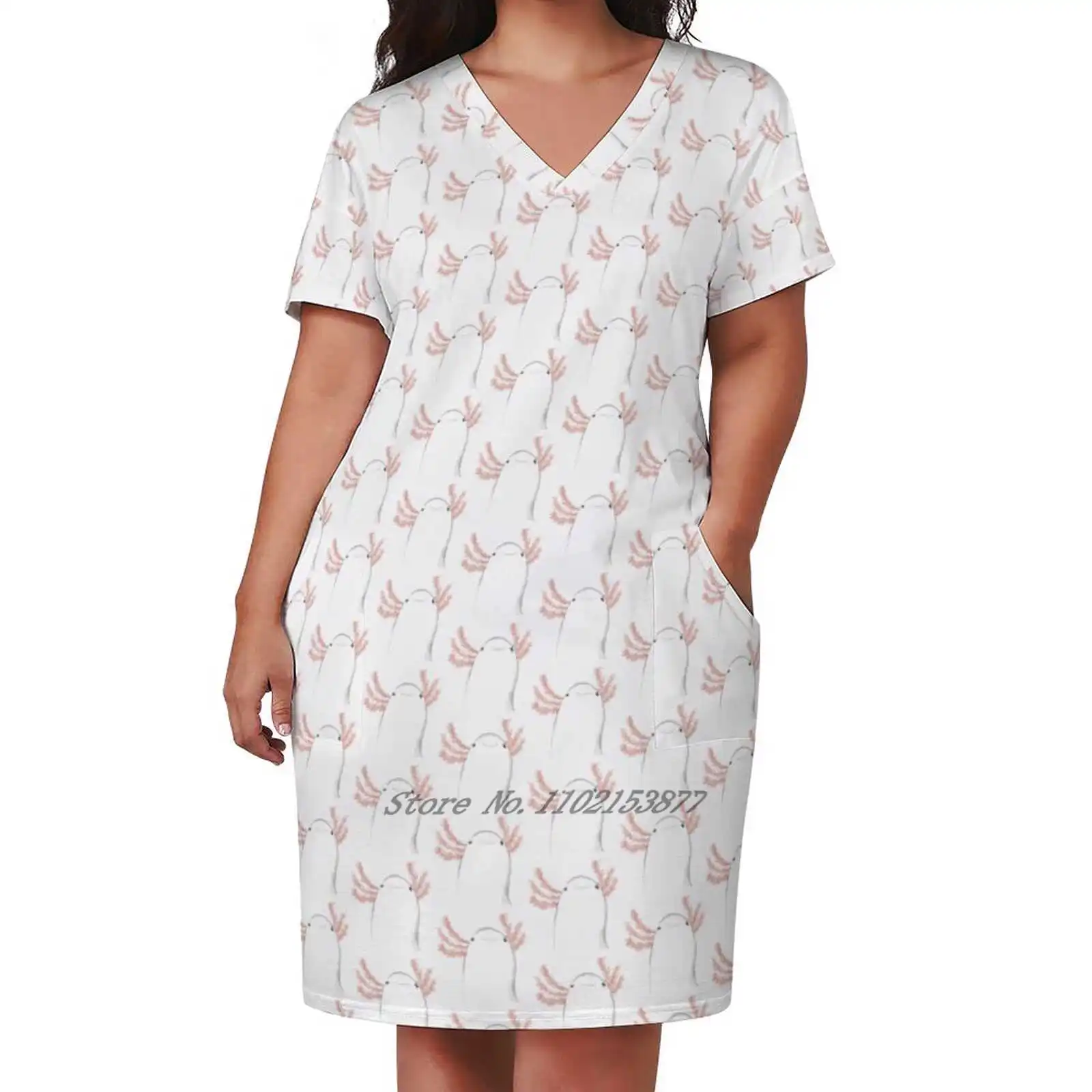 

Axolotl Close - Up Loose Pocket Dress Print Short Sleeve Dresses V-Neck Dress 5Xl Axolotl Close Up Close Up Face Love Cute
