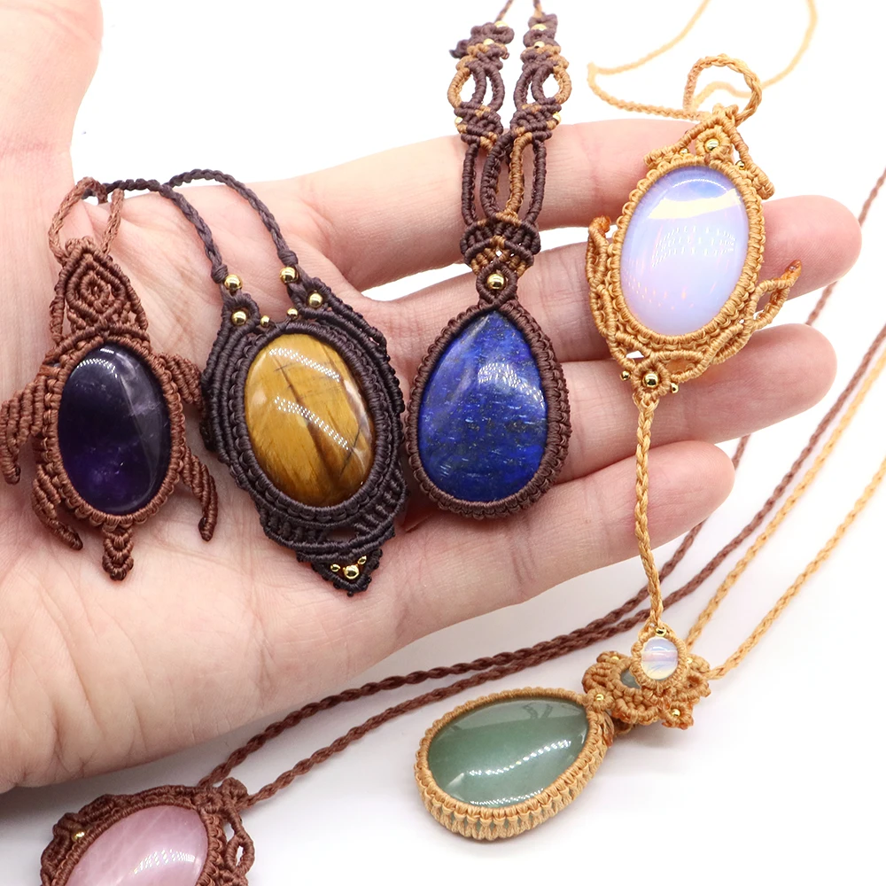 Natural Stones Crystals Hand Carved Tear Water Drop Turtle Pendant Thread Rope Wrap Necklace Jewelry Crystals Healing Gemstone