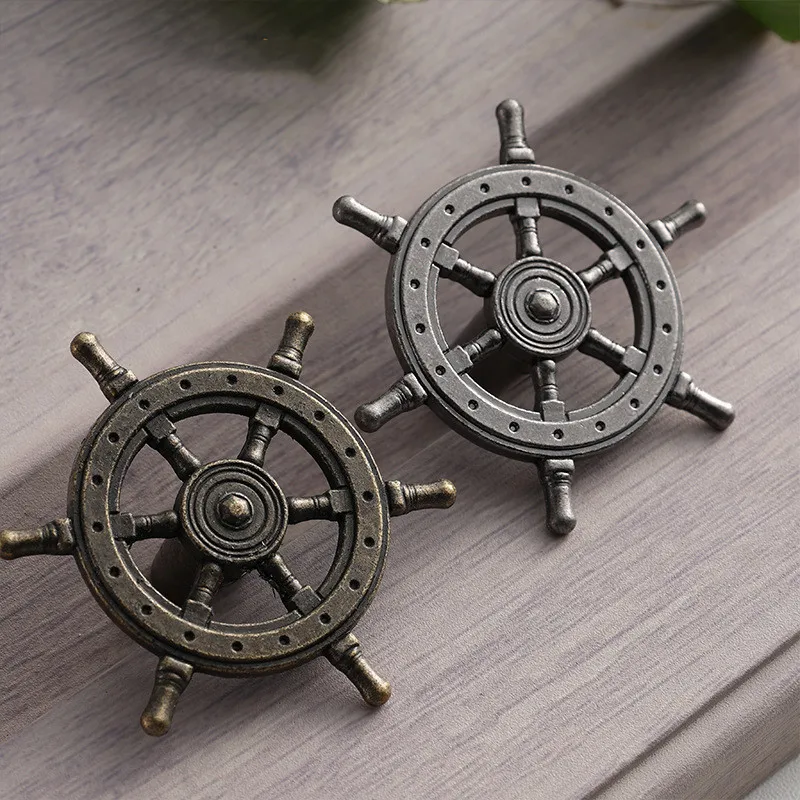 Antique Creative Single Hole Knob Captain Rudder Steering Wheel Handles Kitchen Closet Door Pull Handle 2PCS