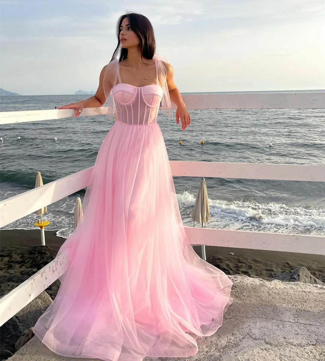 

Elegant Long Pink Tulle Evening Dresses A-Line Sweetheart Sweep Train Vestidos de noite Prom Formal Dress for Women