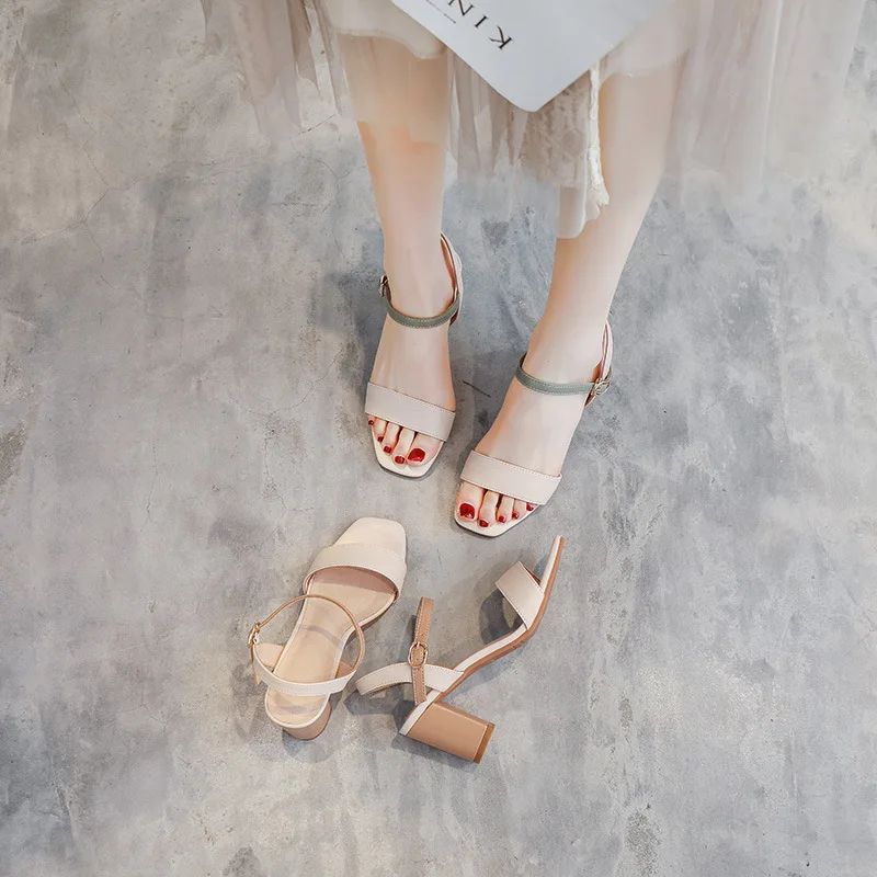 2023 Summer Sandals Woman Fashion Large Size High-heeled Rome Shoes PU Hoof Heels TPR Slides Fabric Large Size Low Sandal Woman