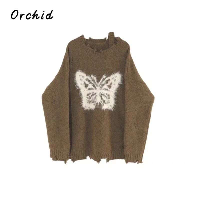 

2023 Winter Casual Vintage Knitting Long Sleeve Butterfly Print Pullovers Korean Fashion Women Chic Ripped Ladies Warm Sweater