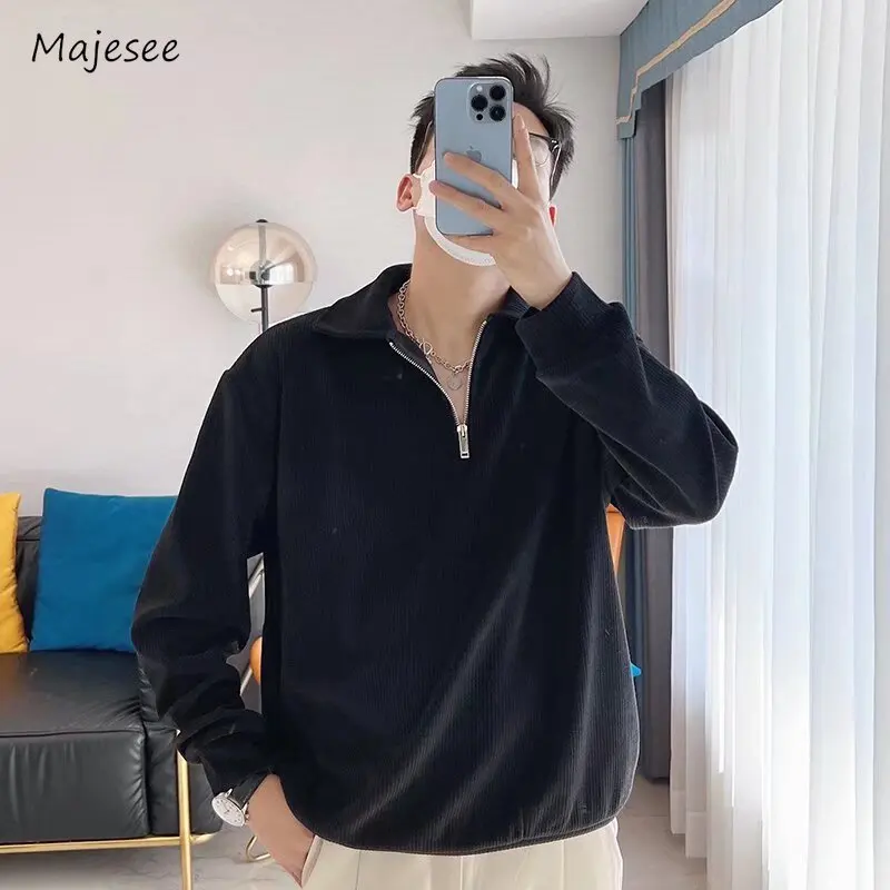 

Свитшот мужской весенний в Корейском стиле, простая однотонная модная классическая уличная одежда на молнии с отложным воротником, повседневный универсальный свободный крой