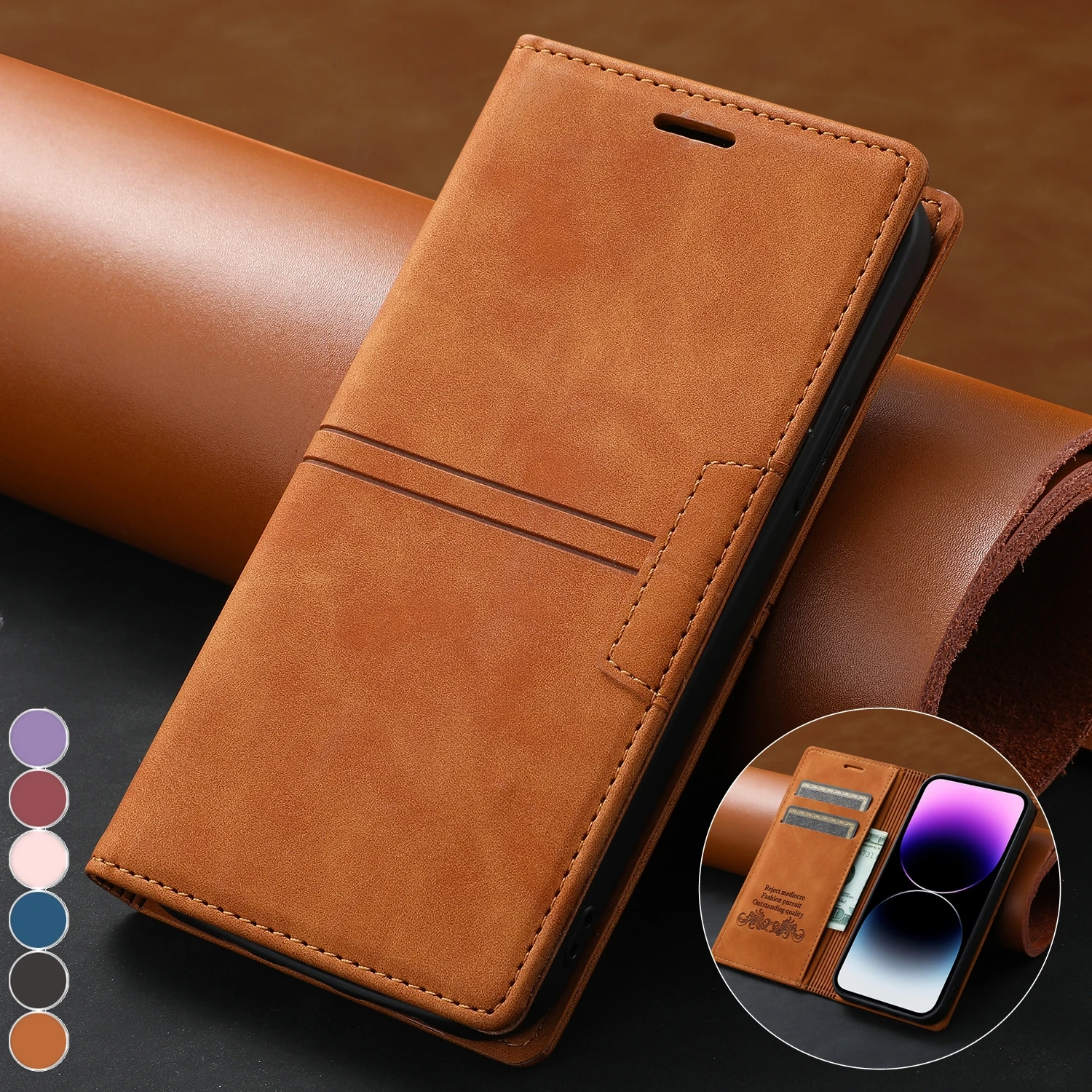Leather Flip Wallet Cover - Sleek Protective Case with Card Holder